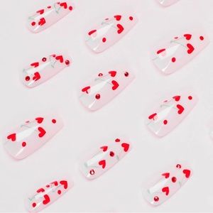 Glossy Press on Nails Long With Red Cherry Glitter Red With Nail Glue 24 PCS